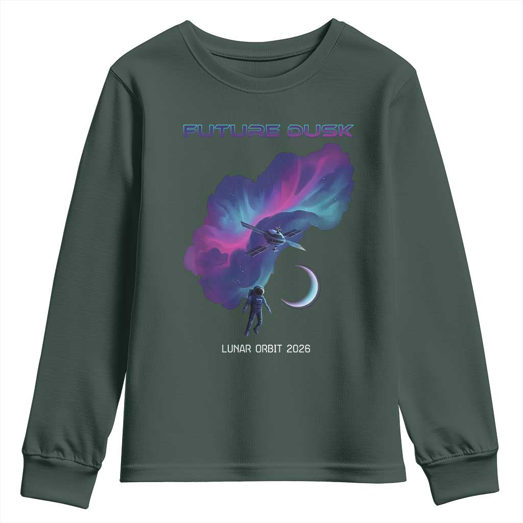 Future Dusk Lunar Orbit 2026 Youth Sweatshirt Cosmic Nebula Astronaut n Satellite Space Exploration TS02 Dark Forest Green Print Your Wear