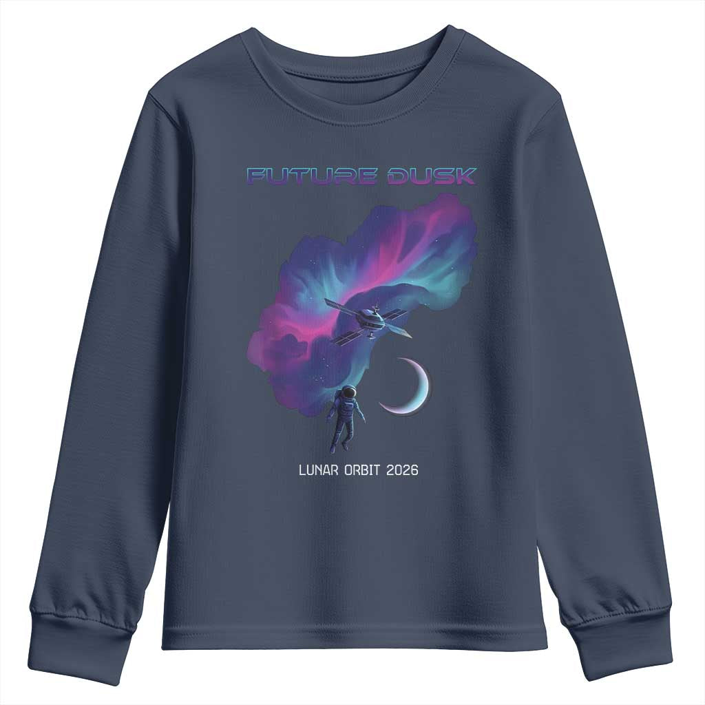 Future Dusk Lunar Orbit 2026 Youth Sweatshirt Cosmic Nebula Astronaut n Satellite Space Exploration TS02 Navy Print Your Wear