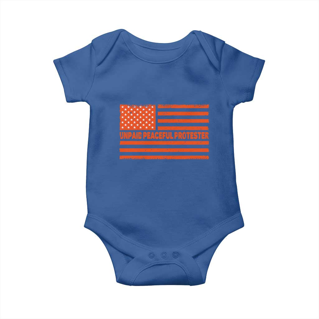 Unpaid Peaceful Protester Orange Distressed American Flag Baby Onesie Satirical Political Graphic TS02 Royal Blue Print Your Wear