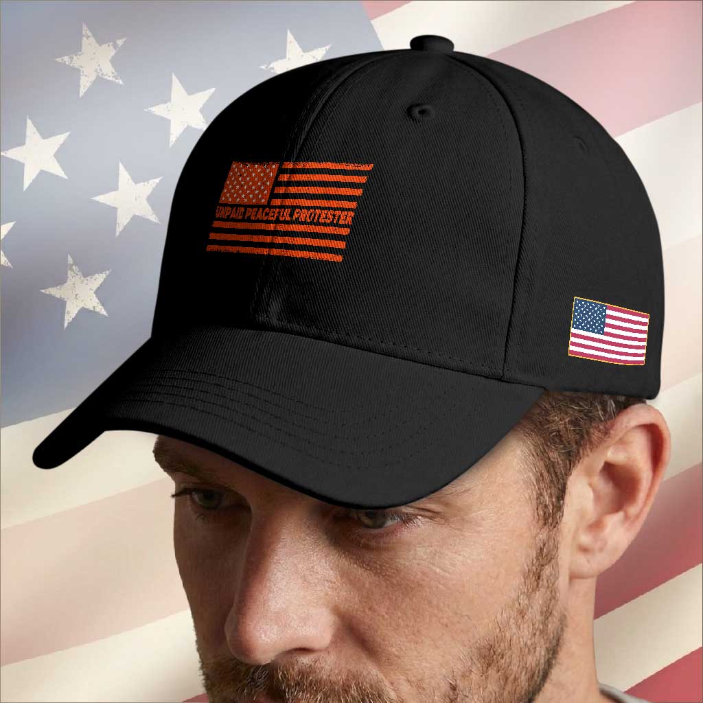 Unpaid Peaceful Protester Orange Distressed American Flag Baseball Cap Satirical Political Graphic TS02 Print Your Wear