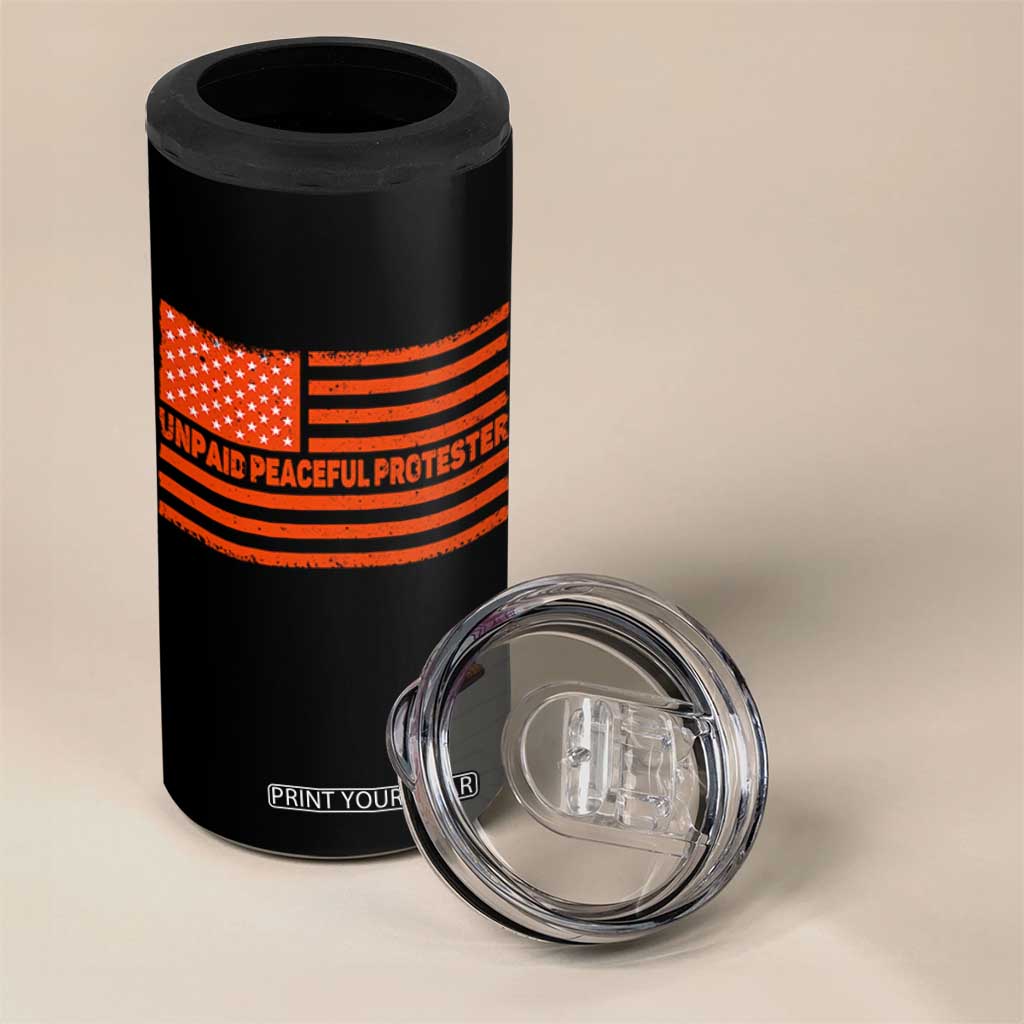 Unpaid Peaceful Protester Orange Distressed American Flag 4 in 1 Can Cooler Tumbler Satirical Political Graphic TS02 Print Your Wear