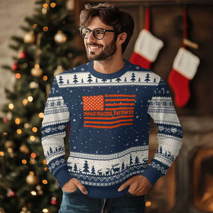Unpaid Peaceful Protester Orange Distressed American Flag Ugly Christmas Sweater Satirical Political Graphic TS02 Navy Beige Print Your Wear
