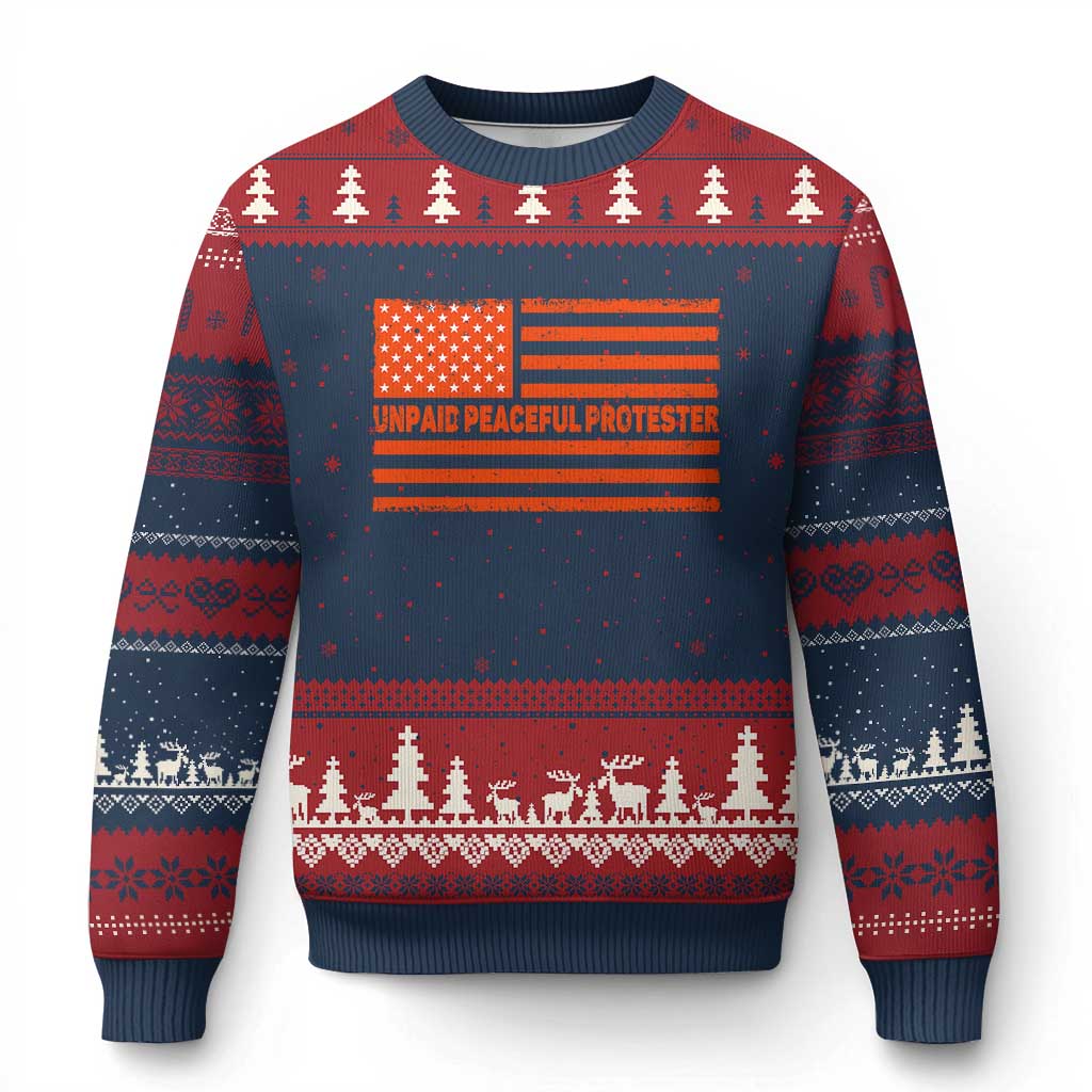 Unpaid Peaceful Protester Orange Distressed American Flag Ugly Christmas Sweater Satirical Political Graphic TS02 Navy Red Print Your Wear