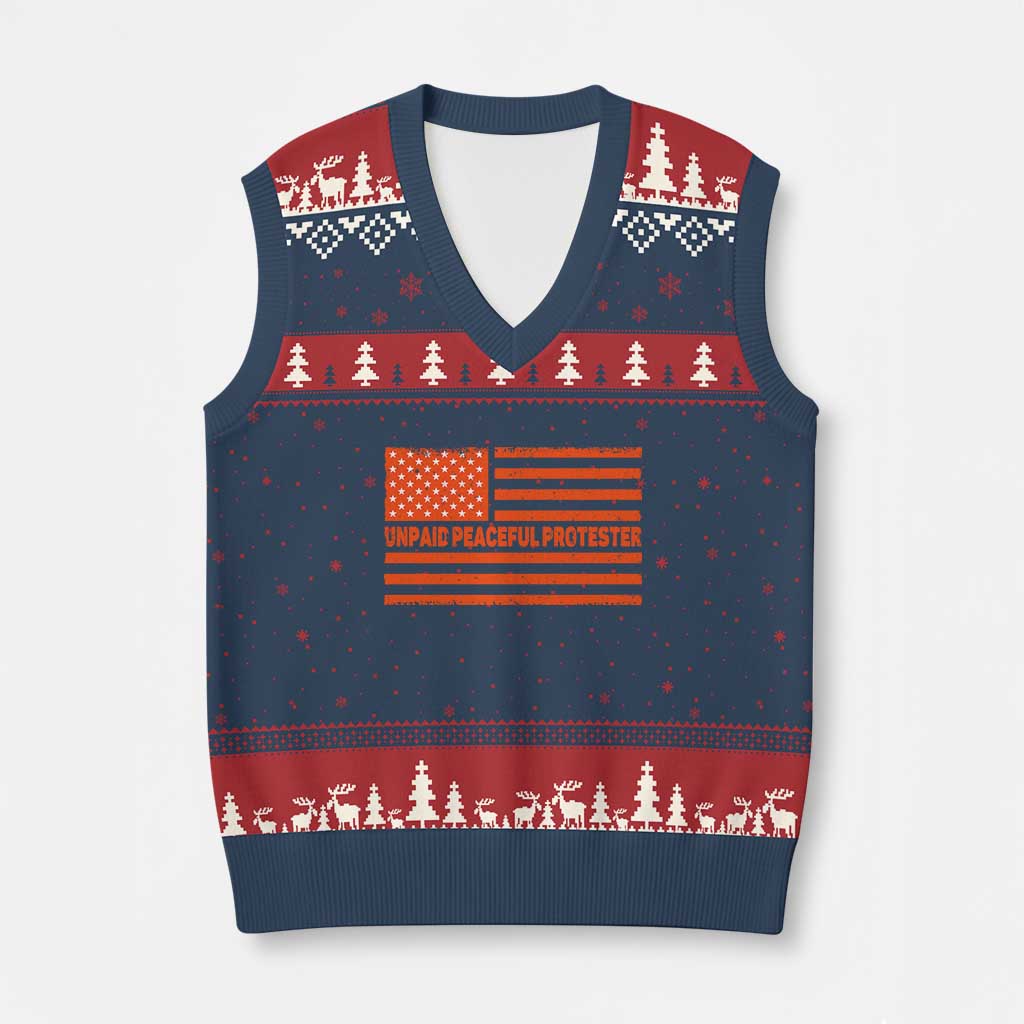 Unpaid Peaceful Protester Orange Distressed American Flag V-Neck Knit Sweater Vest Satirical Political Graphic TS02 Navy Red Print Your Wear