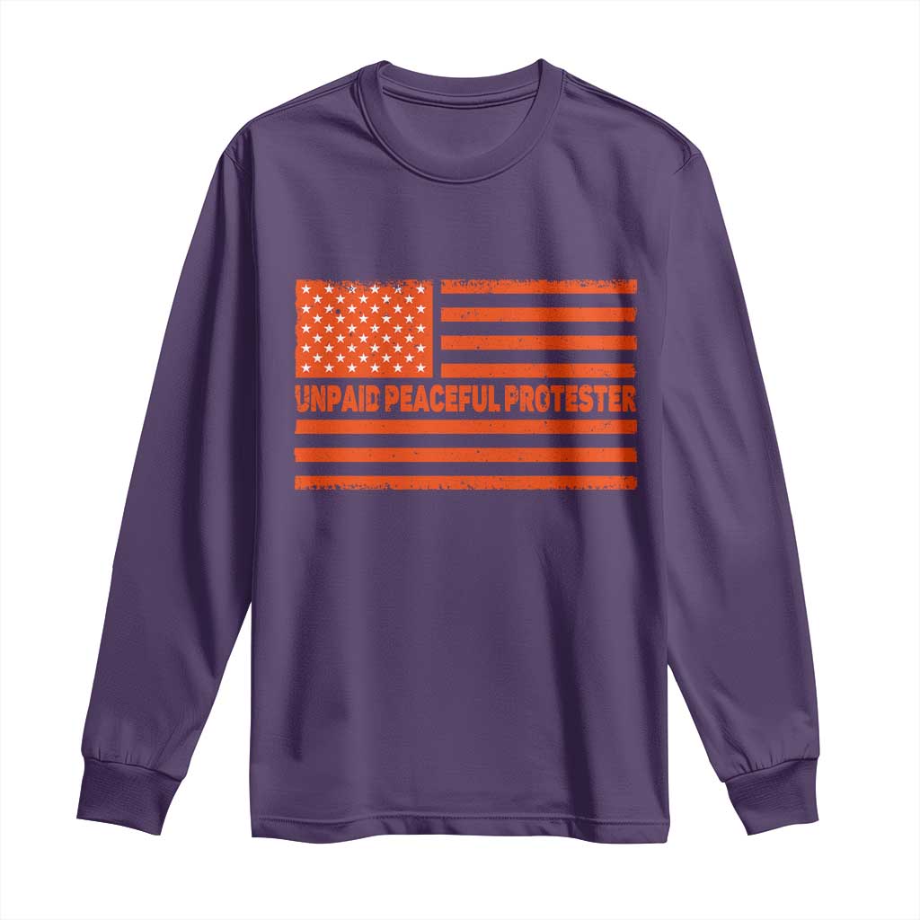 Unpaid Peaceful Protester Orange Distressed American Flag Long Sleeve Shirt Satirical Political Graphic TS02 Purple Print Your Wear