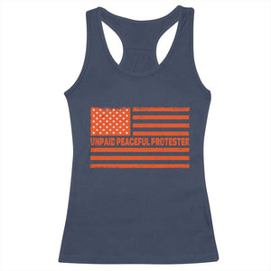 Unpaid Peaceful Protester Orange Distressed American Flag Racerback Tank Top Satirical Political Graphic TS02 Navy Print Your Wear