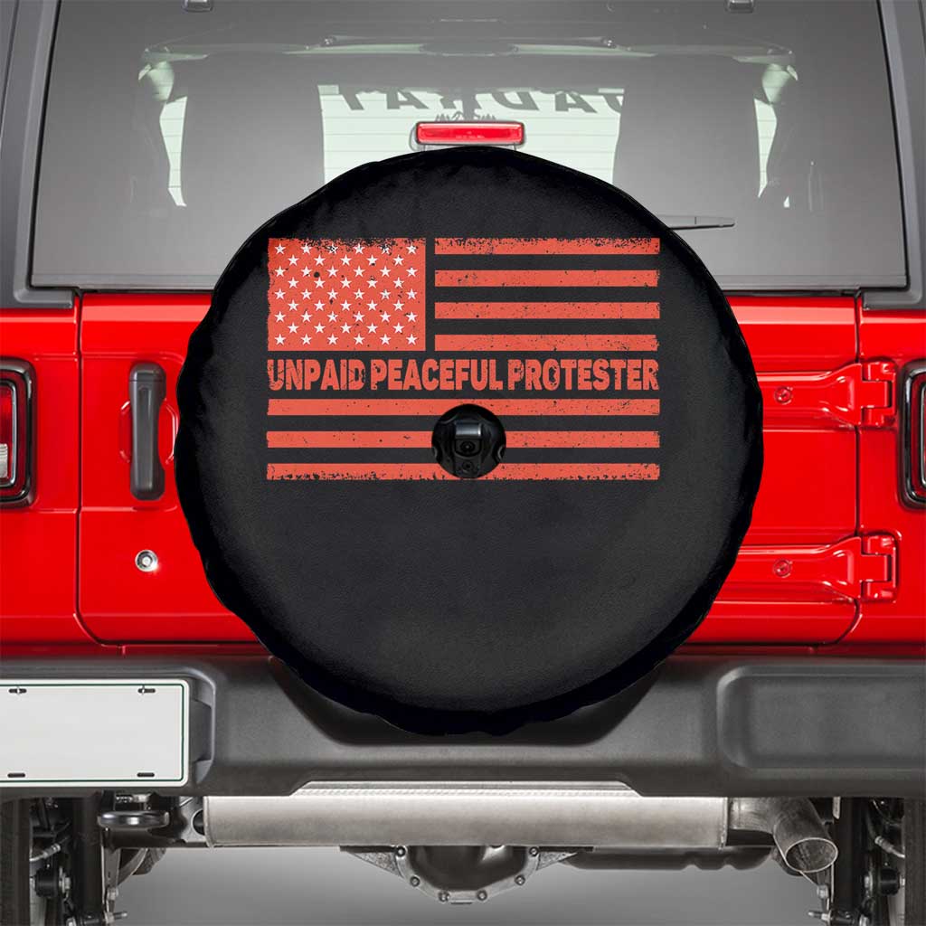 Unpaid Peaceful Protester Orange Distressed American Flag Spare Tire Cover Satirical Political Graphic TS02 Black Print Your Wear