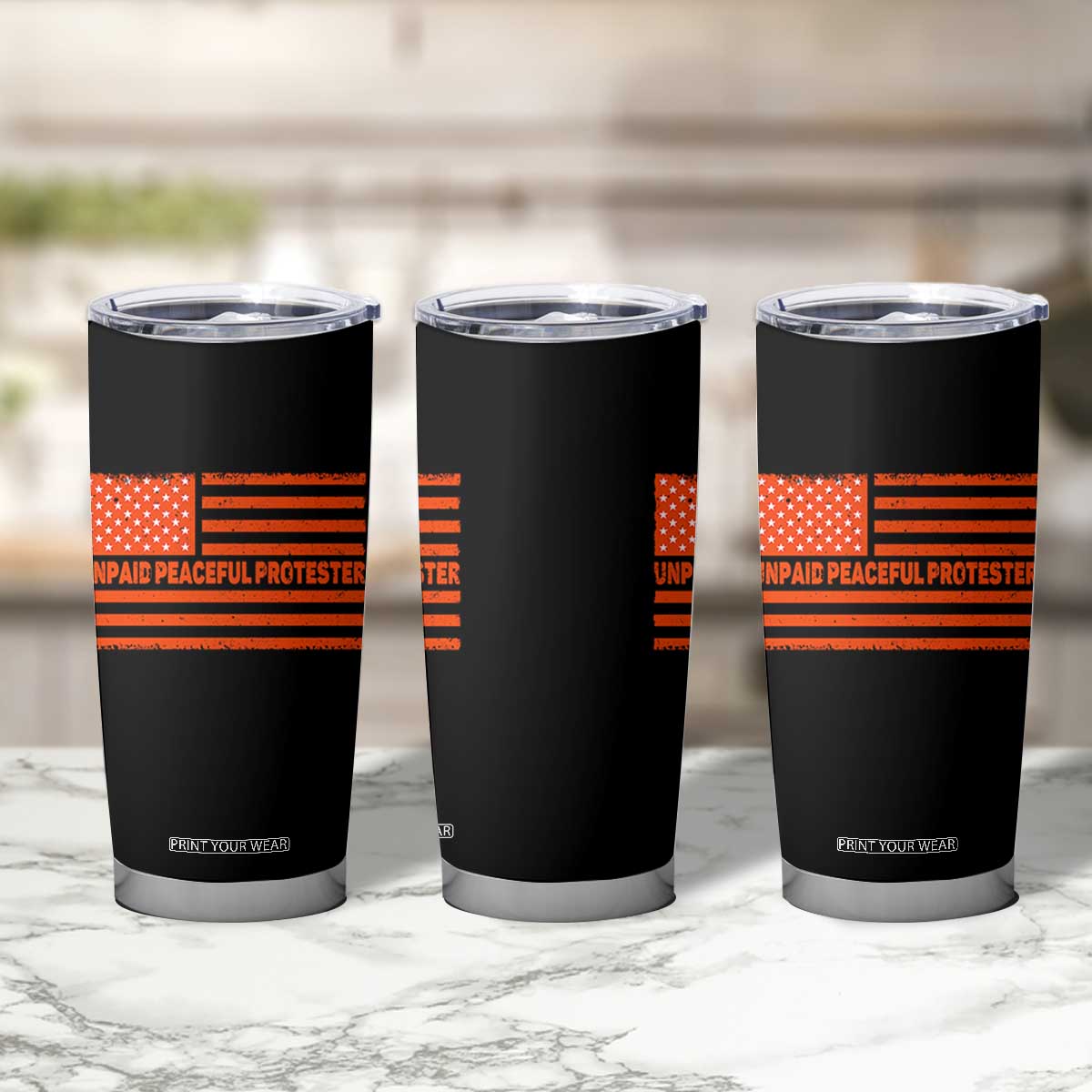 Unpaid Peaceful Protester Orange Distressed American Flag Tumbler Cup Satirical Political Graphic TS02 Print Your Wear