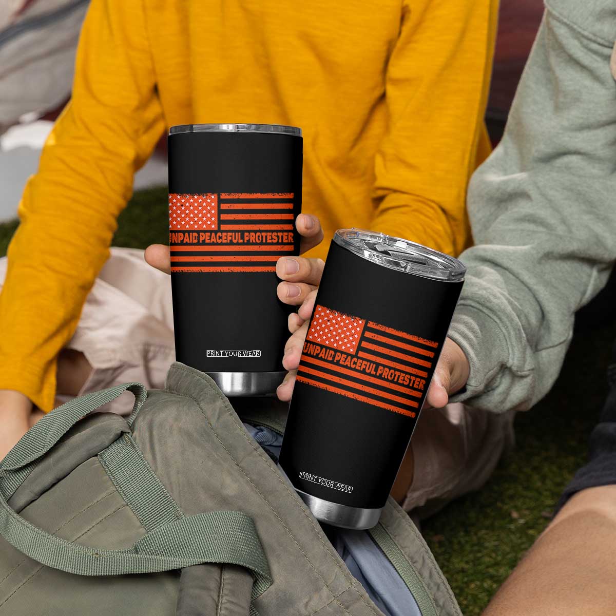 Unpaid Peaceful Protester Orange Distressed American Flag Tumbler Cup Satirical Political Graphic TS02 Print Your Wear