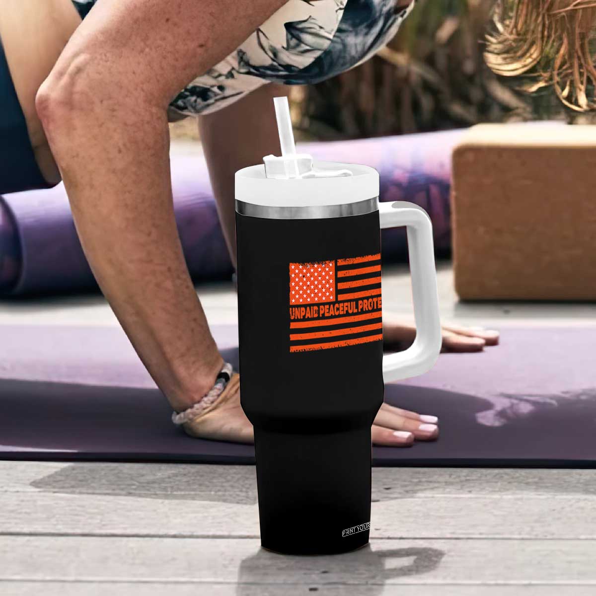 Unpaid Peaceful Protester Orange Distressed American Flag Tumbler With Handle Satirical Political Graphic TS02 Print Your Wear