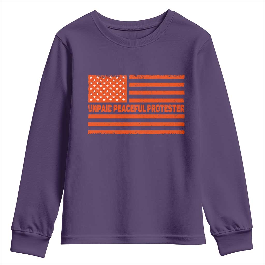 Unpaid Peaceful Protester Orange Distressed American Flag Youth Sweatshirt Satirical Political Graphic TS02 Purple Print Your Wear