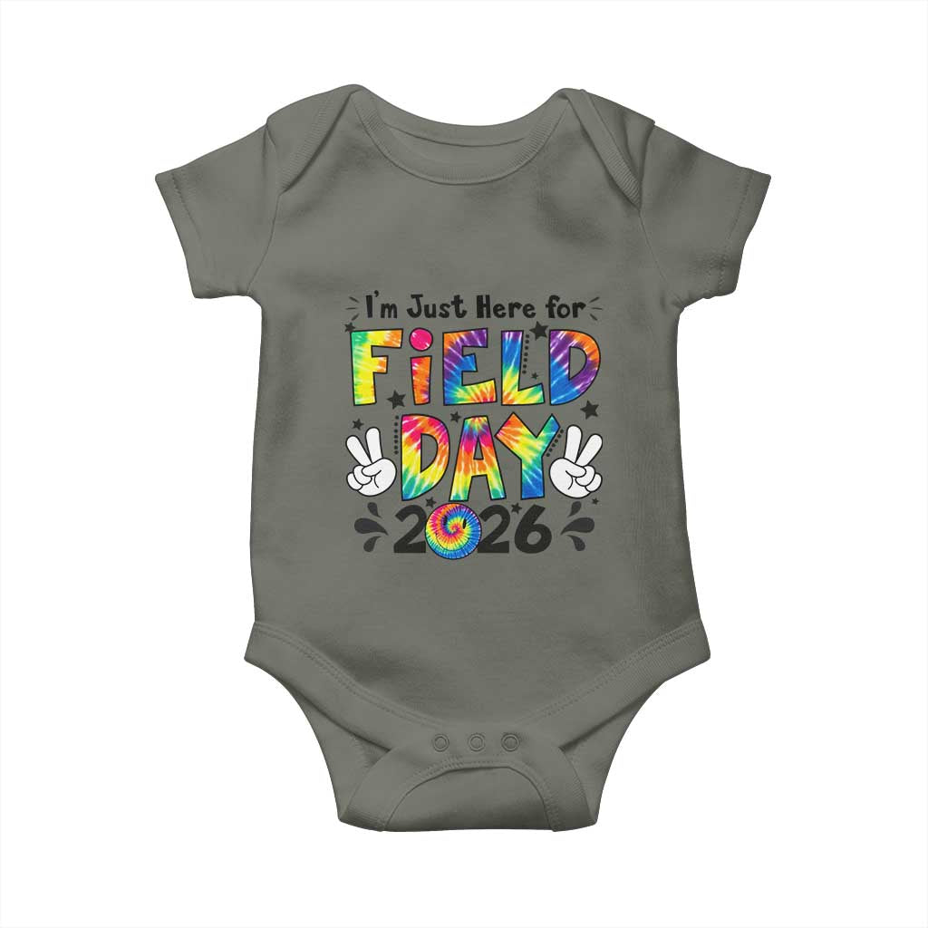 I'm Just Here for Field Day 2026 Baby Onesie Groovy School Retro Tie Dye Effect Printing TS02 Military Green Print Your Wear