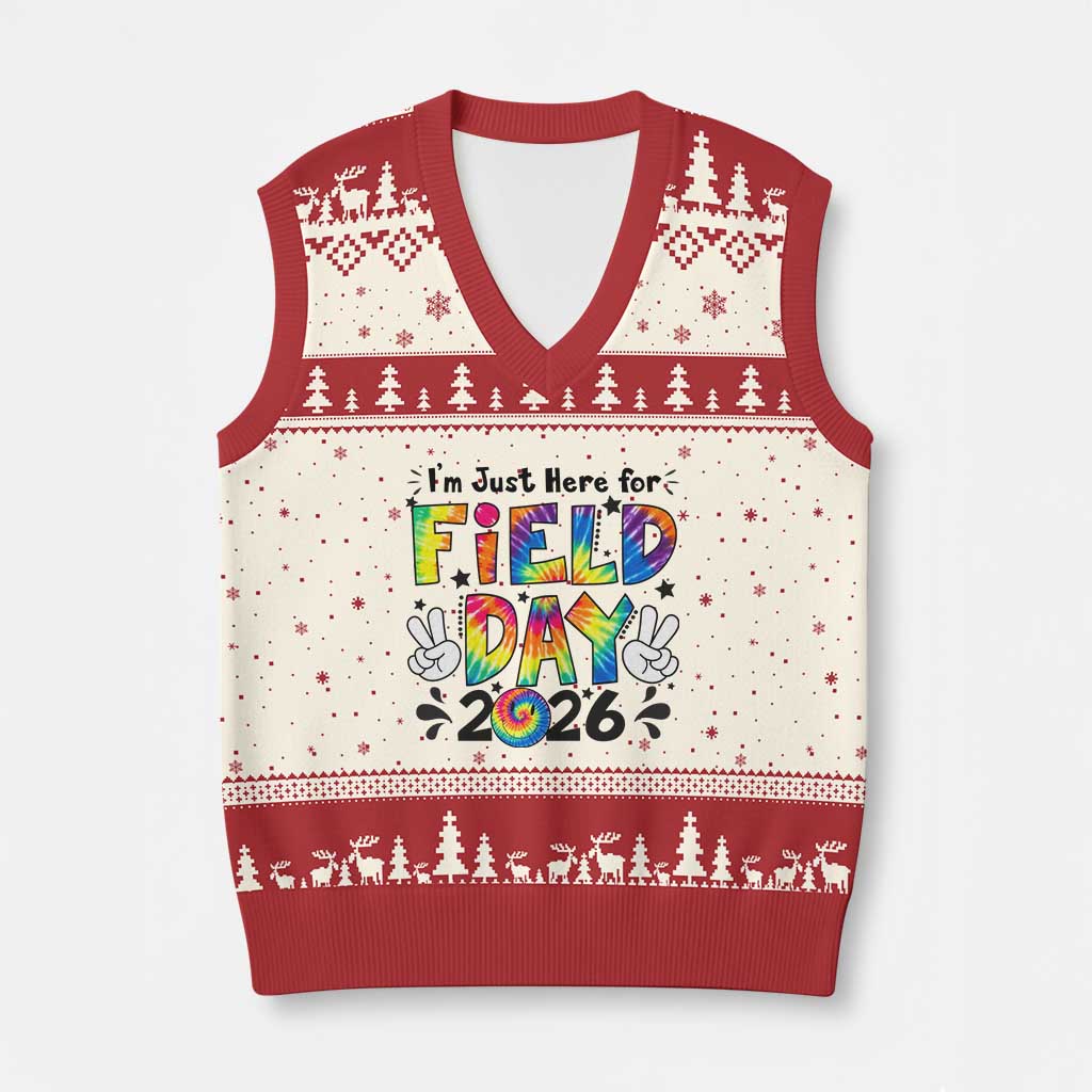 I'm Just Here for Field Day 2026 V-Neck Knit Sweater Vest Groovy School Retro Tie Dye Effect Printing TS02 Beige Red Print Your Wear