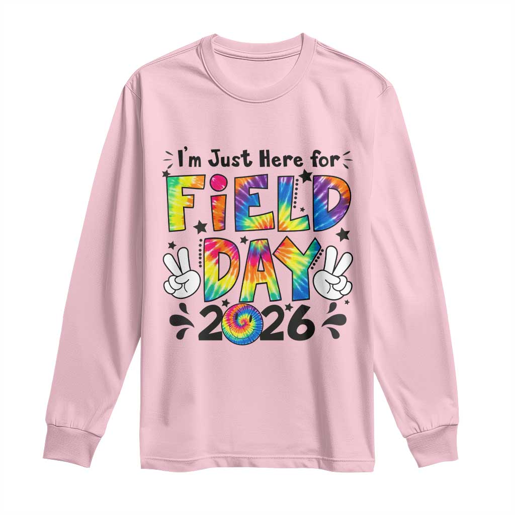 I'm Just Here for Field Day 2026 Long Sleeve Shirt Groovy School Retro Tie Dye Effect Printing TS02 Light Pink Print Your Wear
