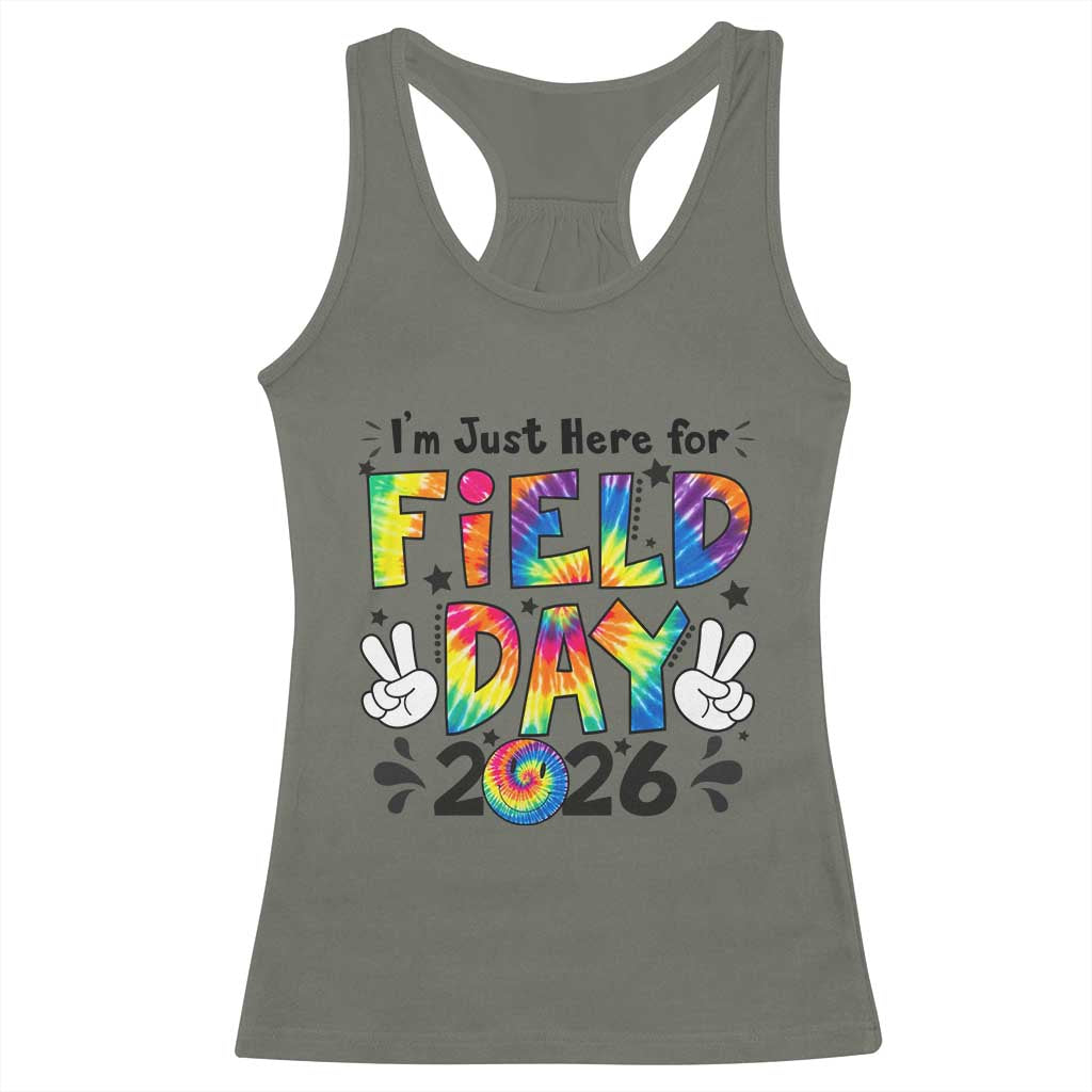 I'm Just Here for Field Day 2026 Racerback Tank Top Groovy School Retro Tie Dye Effect Printing TS02 Military Green Print Your Wear