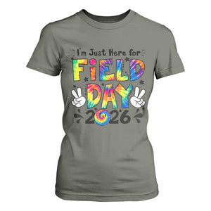 I'm Just Here for Field Day 2026 T Shirt For Women Groovy School Retro Tie Dye Effect Printing TS02 Military Green Print Your Wear