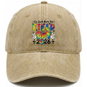 I'm Just Here for Field Day 2026 Washed Cotton Baseball Cap Groovy School Retro Tie Dye Effect Printing TS02 Print Your Wear