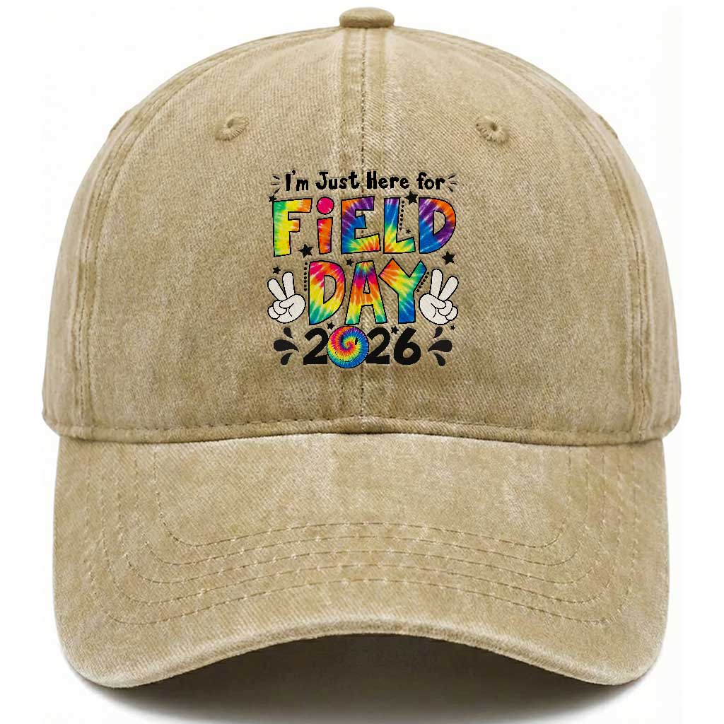 I'm Just Here for Field Day 2026 Washed Cotton Baseball Cap Groovy School Retro Tie Dye Effect Printing TS02 Print Your Wear