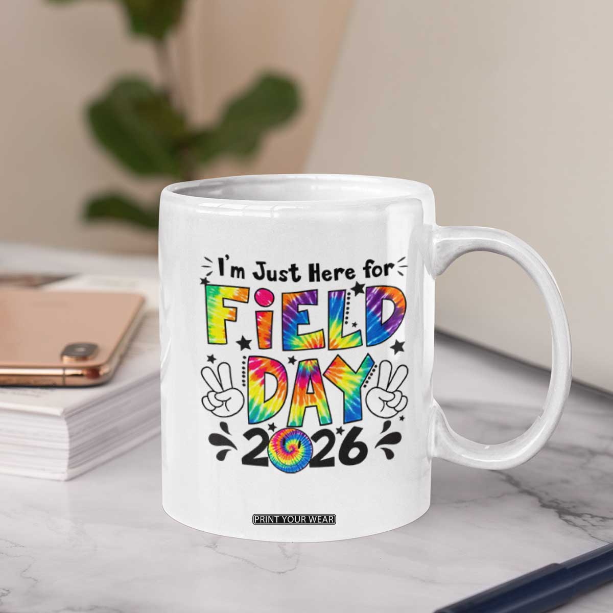 I'm Just Here for Field Day 2026 Coffee Mug Groovy School Retro Tie Dye Effect Printing TS02 Print Your Wear