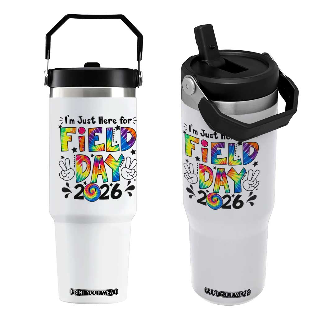 I'm Just Here for Field Day 2026 Flip Straw Tumbler Groovy School Retro Tie Dye Effect Printing TS02 One Size: 30 oz White Print Your Wear