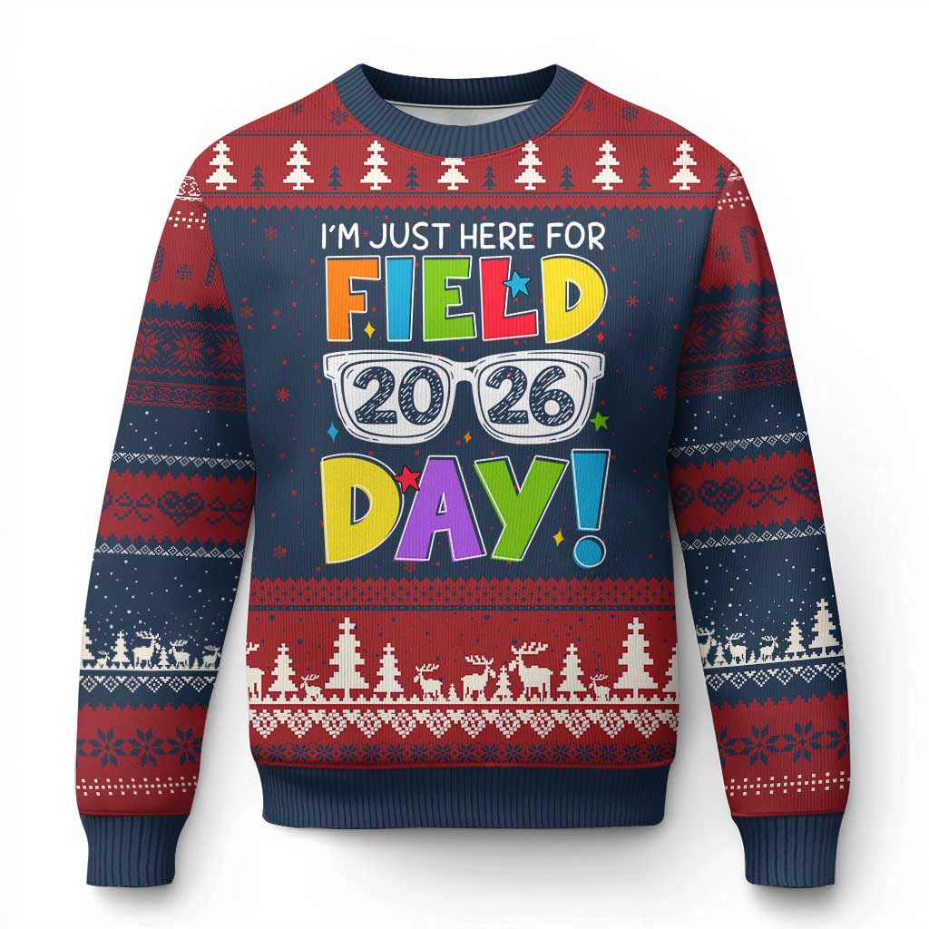 I'm Just Here for Field Day 2026 Ugly Christmas Sweater School Colorful Sunglasses Graphic TS02 Navy Red Print Your Wear