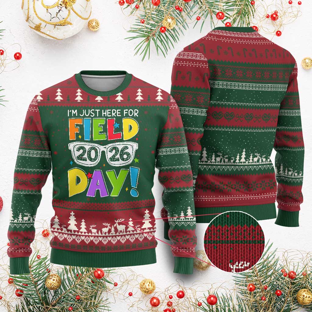I'm Just Here for Field Day 2026 Ugly Christmas Sweater School Colorful Sunglasses Graphic TS02 Red Green Print Your Wear