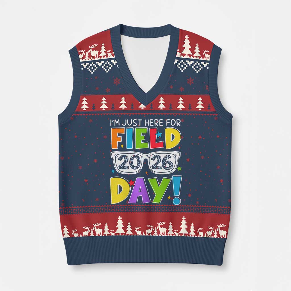 I'm Just Here for Field Day 2026 V-Neck Knit Sweater Vest School Colorful Sunglasses Graphic TS02 Navy Red Print Your Wear