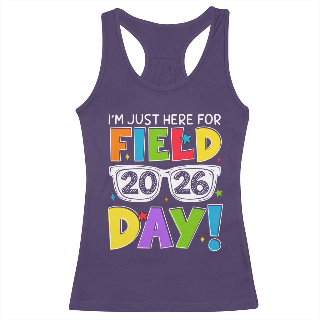 I'm Just Here for Field Day 2026 Racerback Tank Top School Colorful Sunglasses Graphic TS02 Purple Print Your Wear