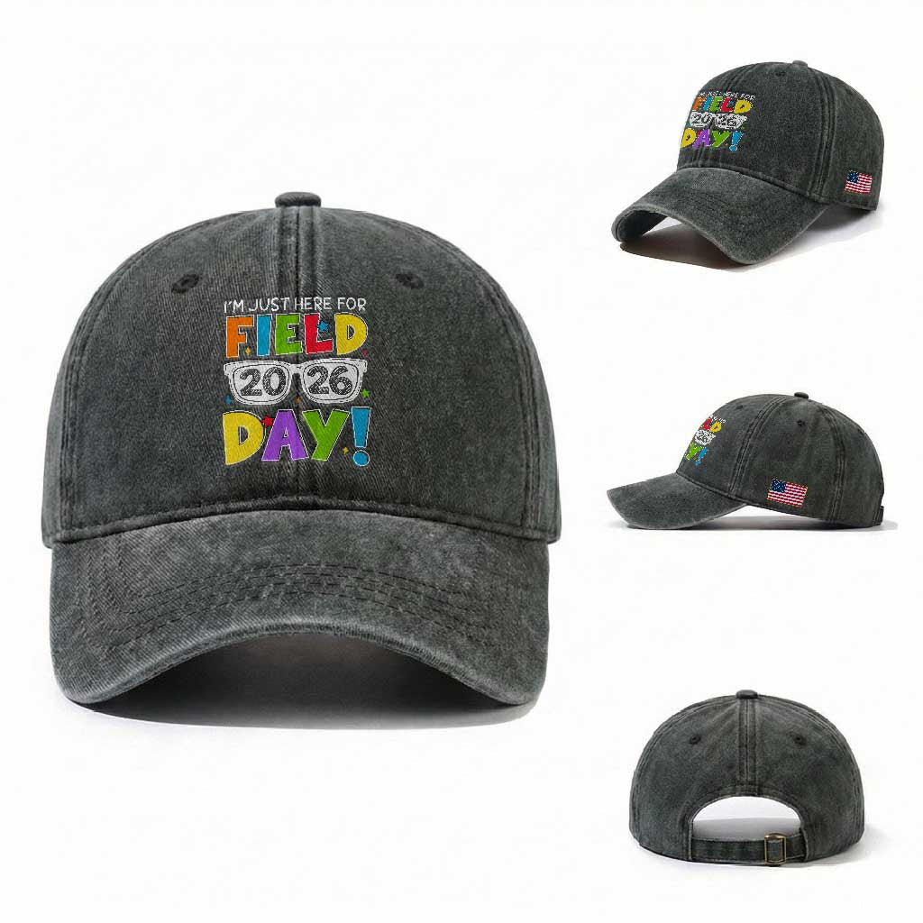 I'm Just Here for Field Day 2026 Washed Cotton Baseball Cap School Colorful Sunglasses Graphic TS02 Washed Cap Universal Fit Dark Green Print Your Wear