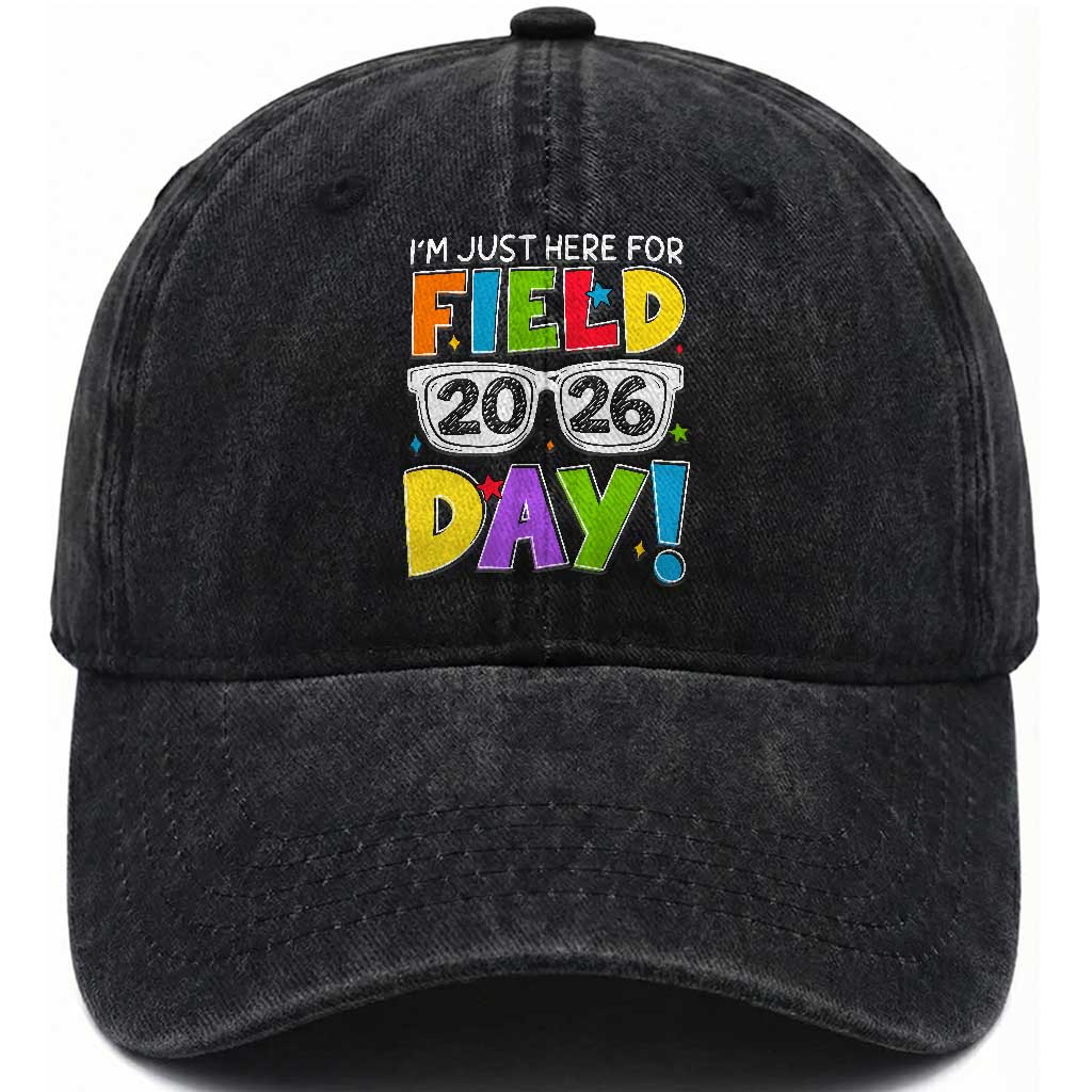 I'm Just Here for Field Day 2026 Washed Cotton Baseball Cap School Colorful Sunglasses Graphic TS02 Print Your Wear