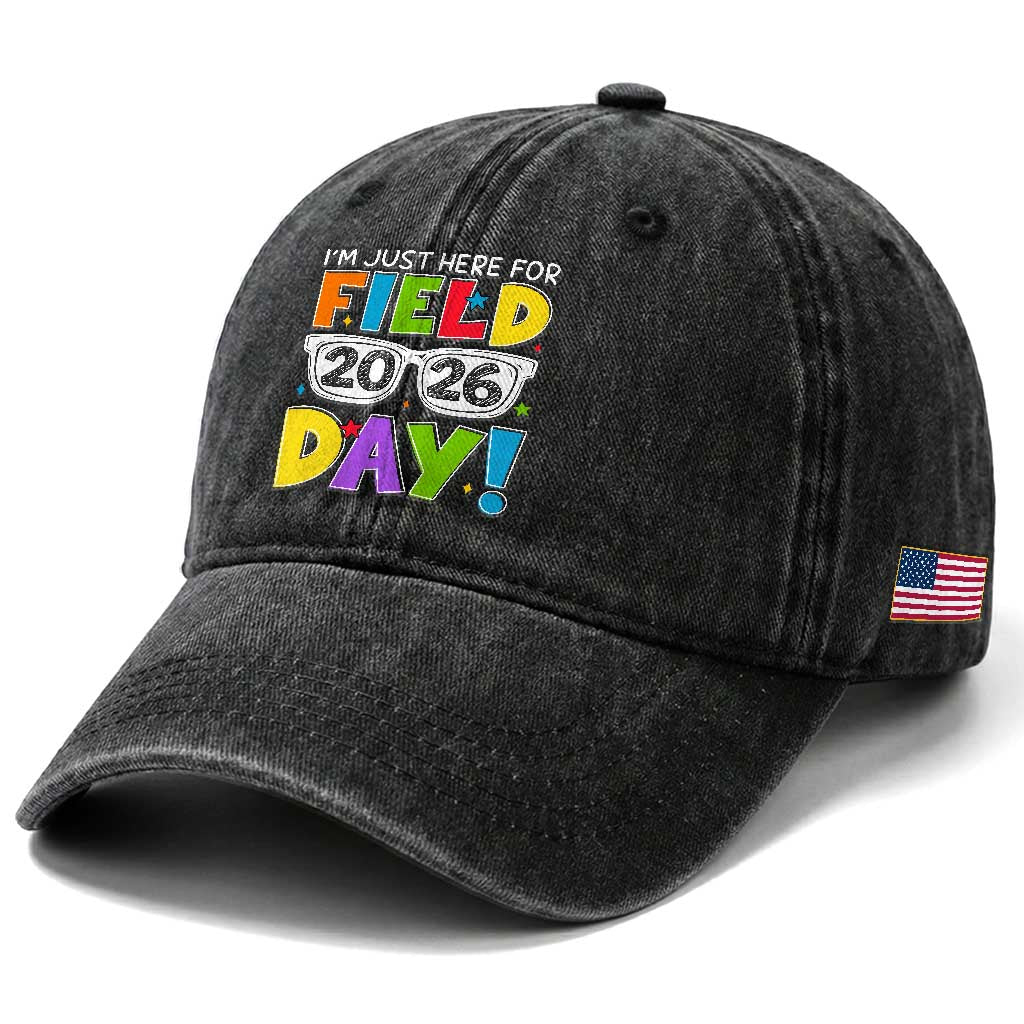 I'm Just Here for Field Day 2026 Washed Cotton Baseball Cap School Colorful Sunglasses Graphic TS02 Print Your Wear
