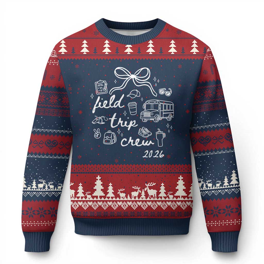 Field Trip Crew 2026 Coquette Bow Ugly Christmas Sweater Hand Drawn Doodle Graphic Teacher Chaperone TS02 Navy Red Print Your Wear