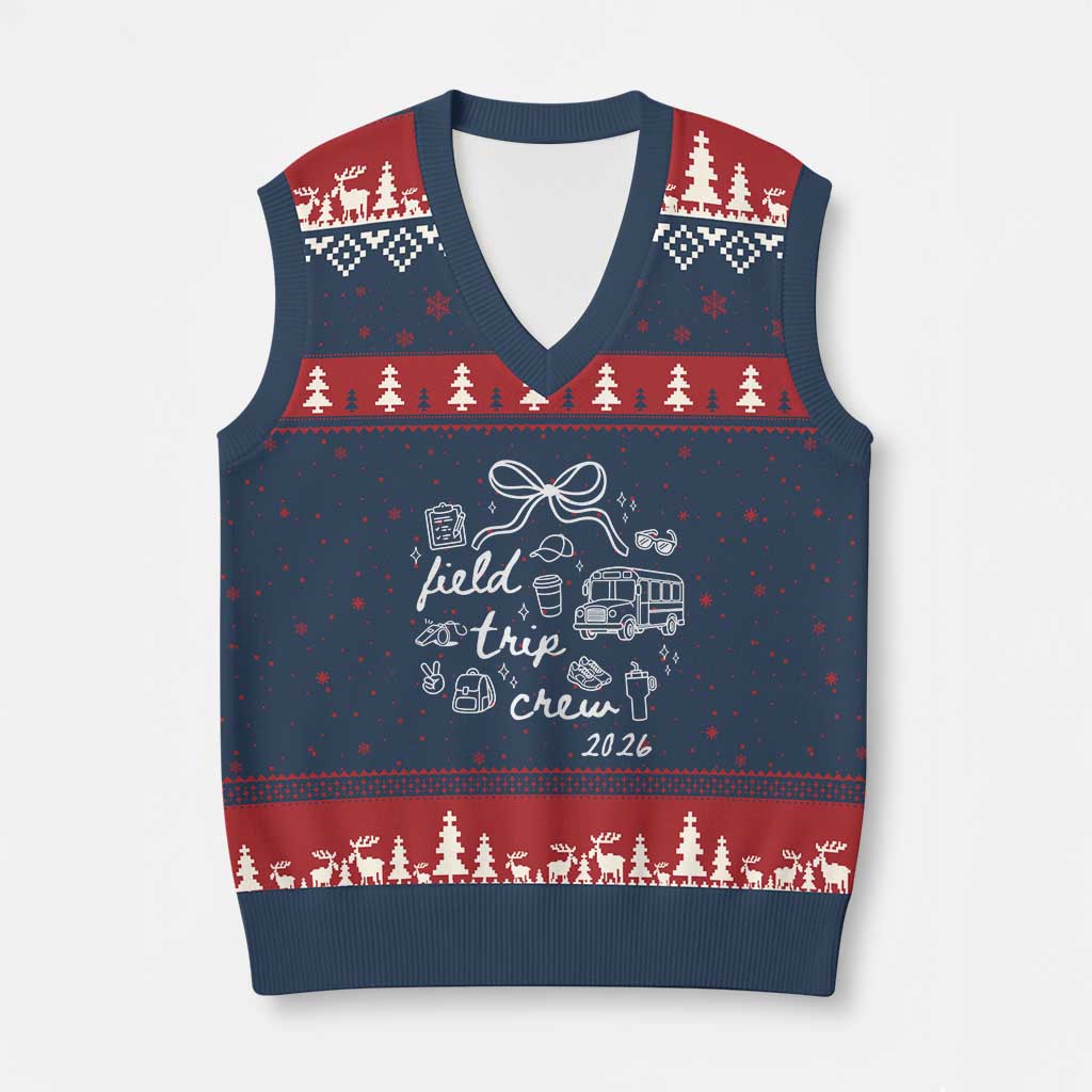 Field Trip Crew 2026 Coquette Bow V-Neck Knit Sweater Vest Hand Drawn Doodle Graphic Teacher Chaperone TS02 Navy Red Print Your Wear