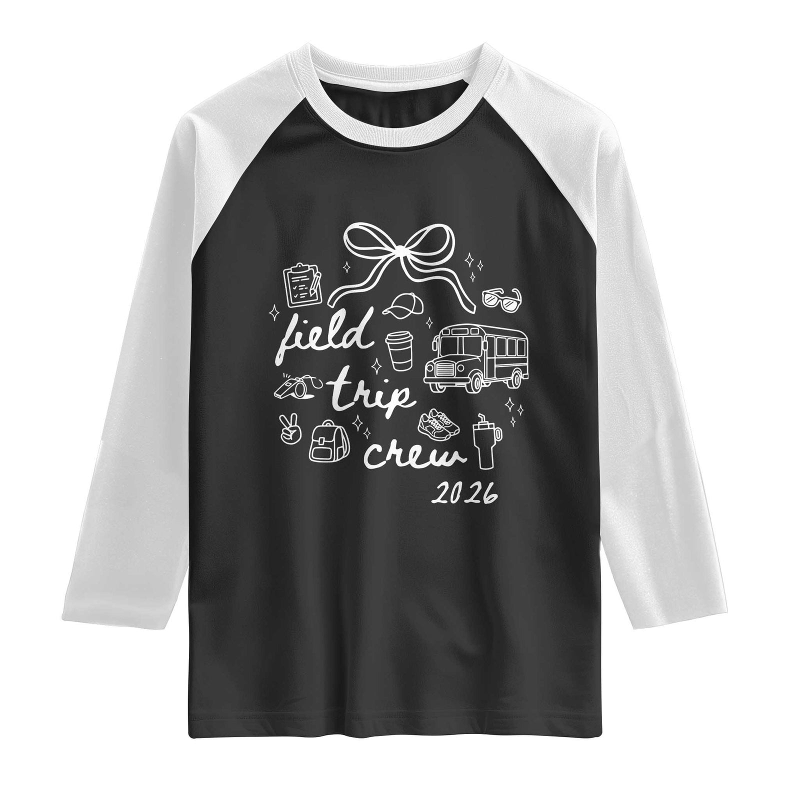 Field Trip Crew 2026 Coquette Bow Raglan Shirt Hand Drawn Doodle Graphic Teacher Chaperone TS02 Black White Print Your Wear