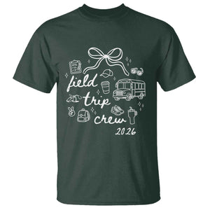 Field Trip Crew 2026 Coquette Bow T Shirt Hand Drawn Doodle Graphic Teacher Chaperone TS02 Dark Forest Green Print Your Wear