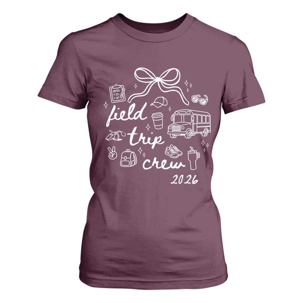Field Trip Crew 2026 Coquette Bow T Shirt For Women Hand Drawn Doodle Graphic Teacher Chaperone TS02 Maroon Print Your Wear