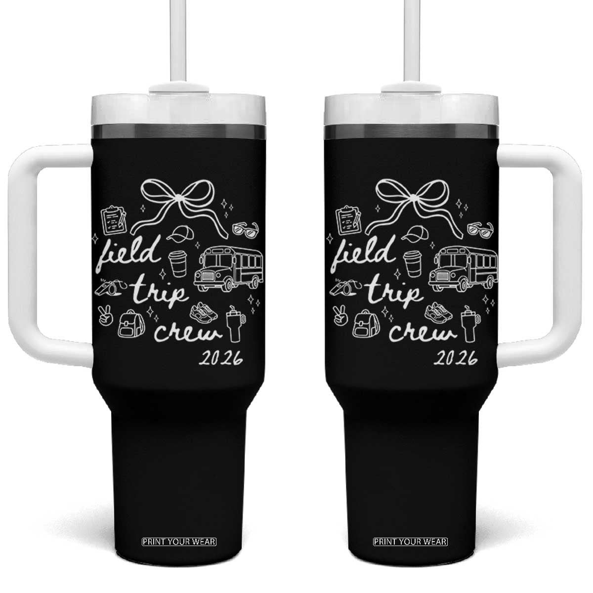 Field Trip Crew 2026 Coquette Bow Tumbler With Handle Hand Drawn Doodle Graphic Teacher Chaperone TS02 One Size: 40 oz Black Print Your Wear