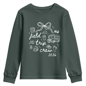 Field Trip Crew 2026 Coquette Bow Youth Sweatshirt Hand Drawn Doodle Graphic Teacher Chaperone TS02 Dark Forest Green Print Your Wear