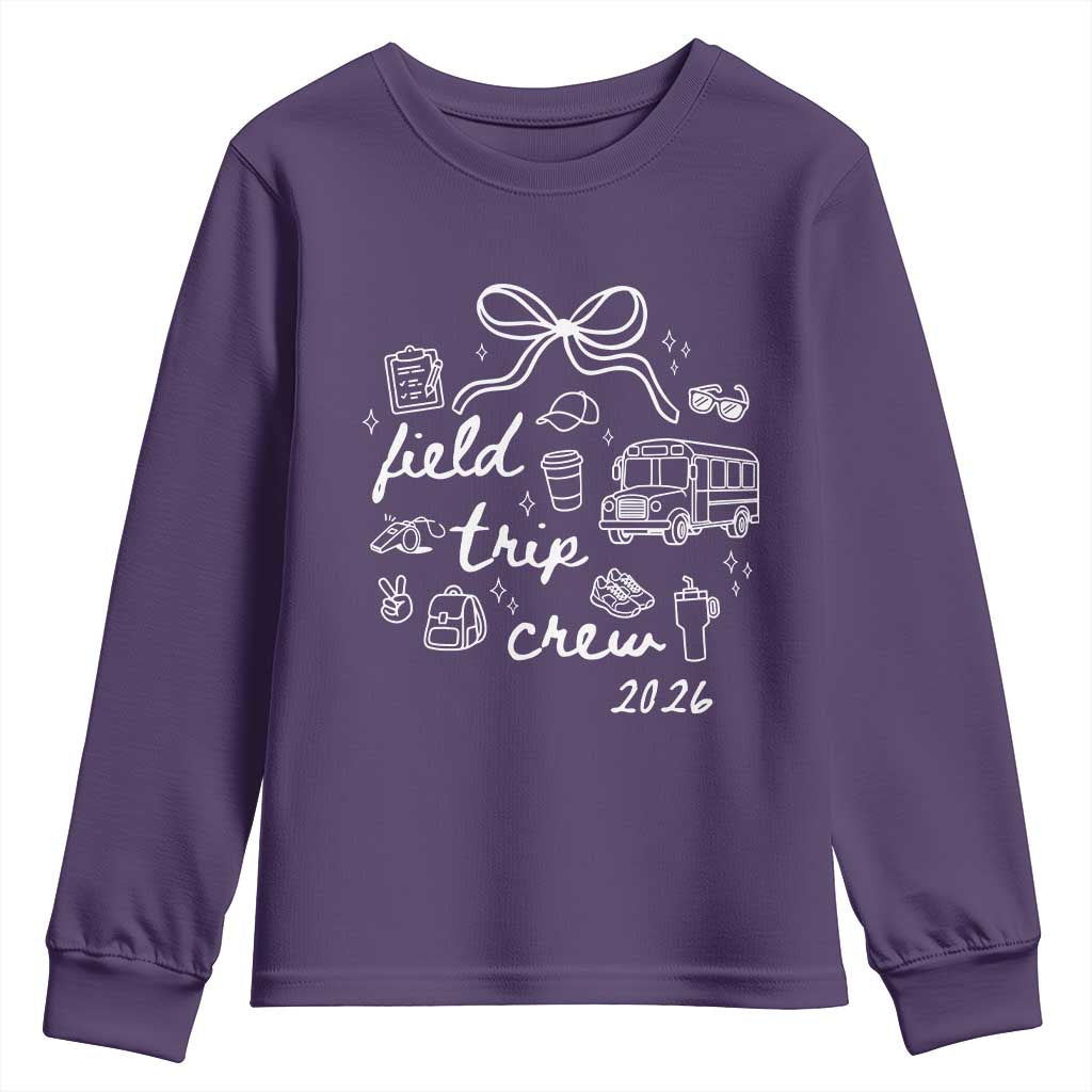 Field Trip Crew 2026 Coquette Bow Youth Sweatshirt Hand Drawn Doodle Graphic Teacher Chaperone TS02 Purple Print Your Wear