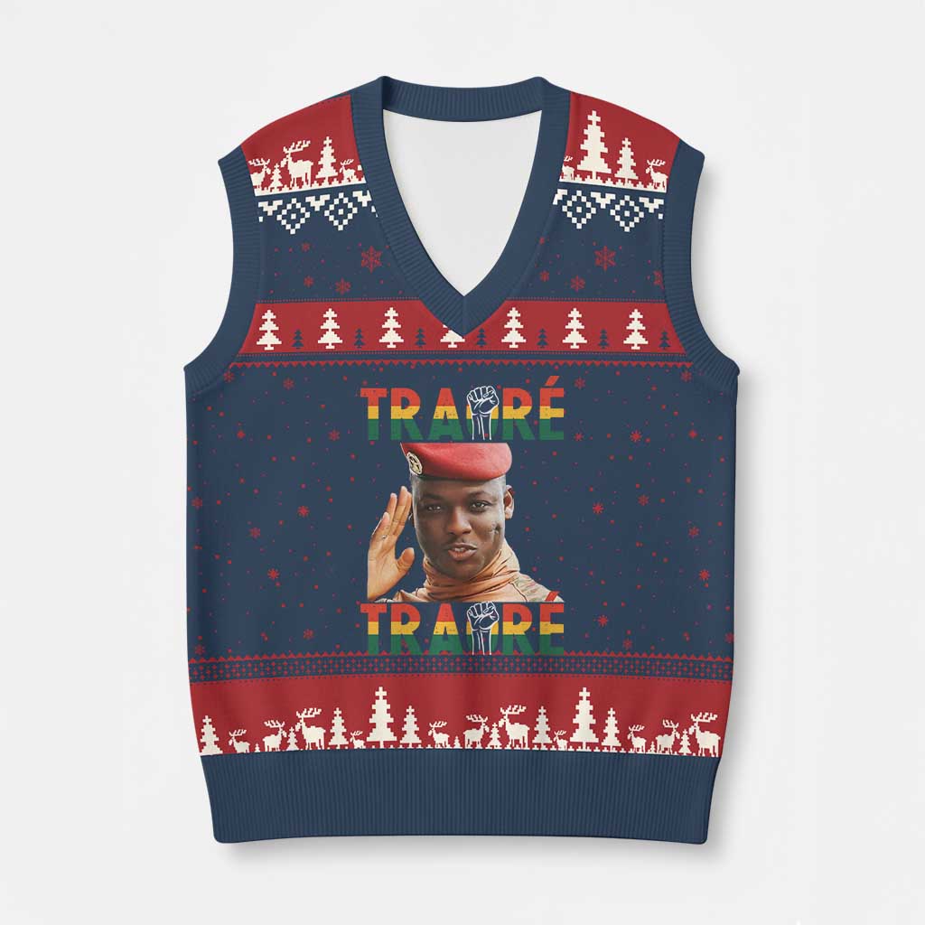 Traoré 2025 V-Neck Knit Sweater Vest African President Burkina Faso TS02 Navy Red Print Your Wear