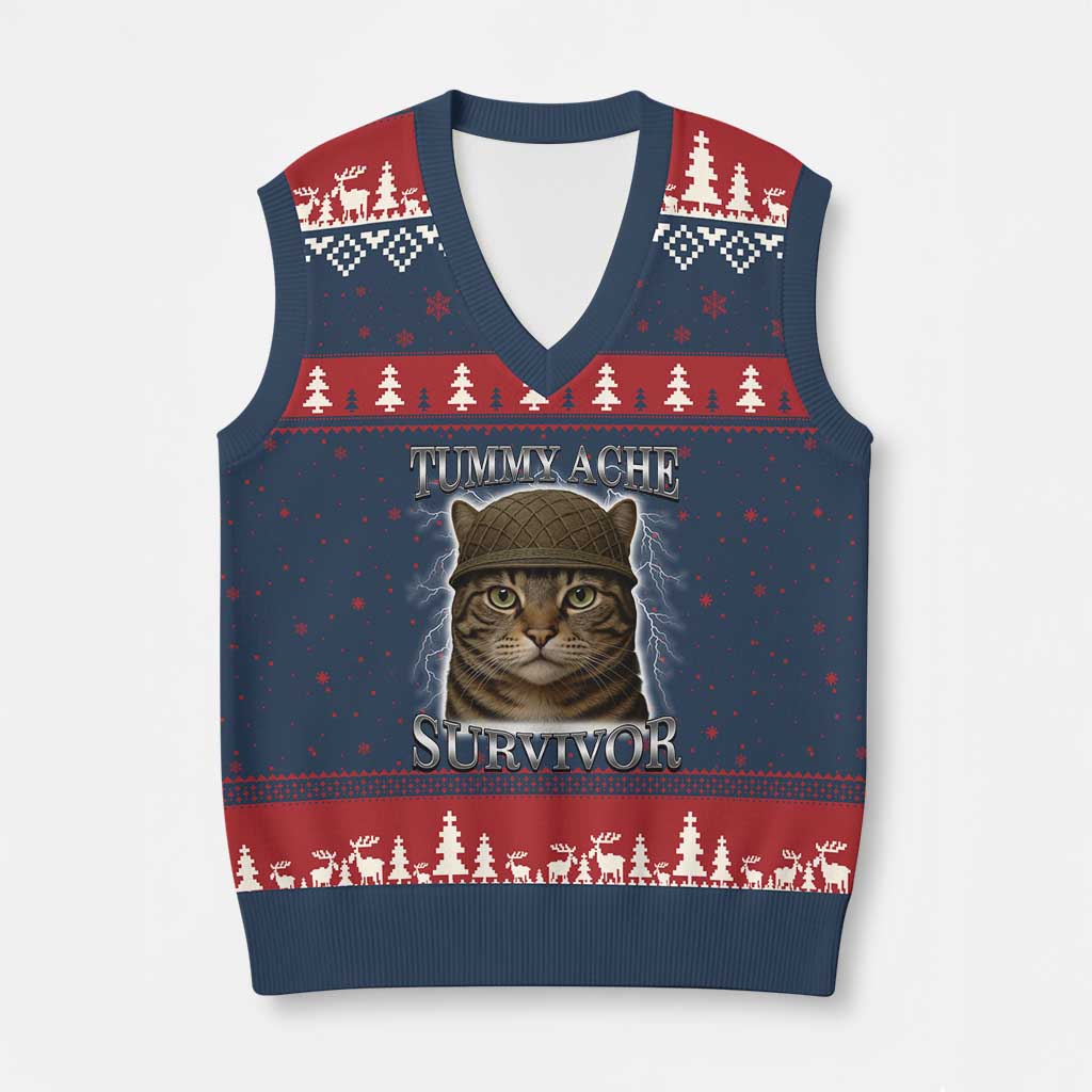 Funny Cat Meme Humor V-Neck Knit Sweater Vest Tummy Ache Survivor Lightning Cats Parody TS02 Navy Red Print Your Wear