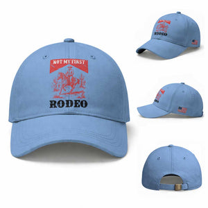 Not My First Rodeo Vintage Cowboy Graphic Baseball Cap Retro Western Desert Scene with Horse and Cactus TS02 Baseball Cap Universal Fit Light Blue Print Your Wear