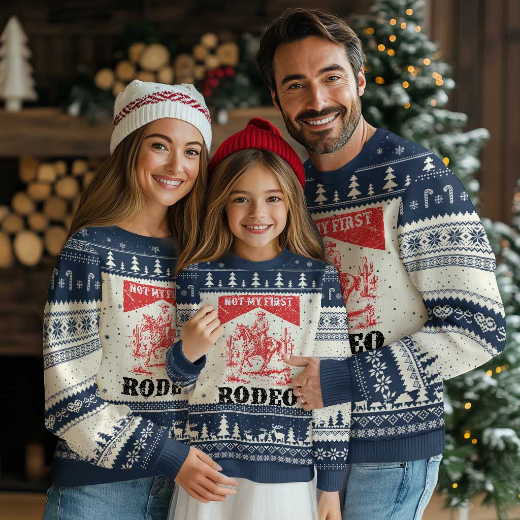 Not My First Rodeo Vintage Cowboy Graphic Ugly Christmas Sweater Retro Western Desert Scene with Horse and Cactus TS02 Beige Navy Print Your Wear