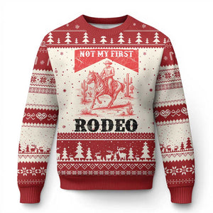 Not My First Rodeo Vintage Cowboy Graphic Ugly Christmas Sweater Retro Western Desert Scene with Horse and Cactus TS02 Beige Red Print Your Wear