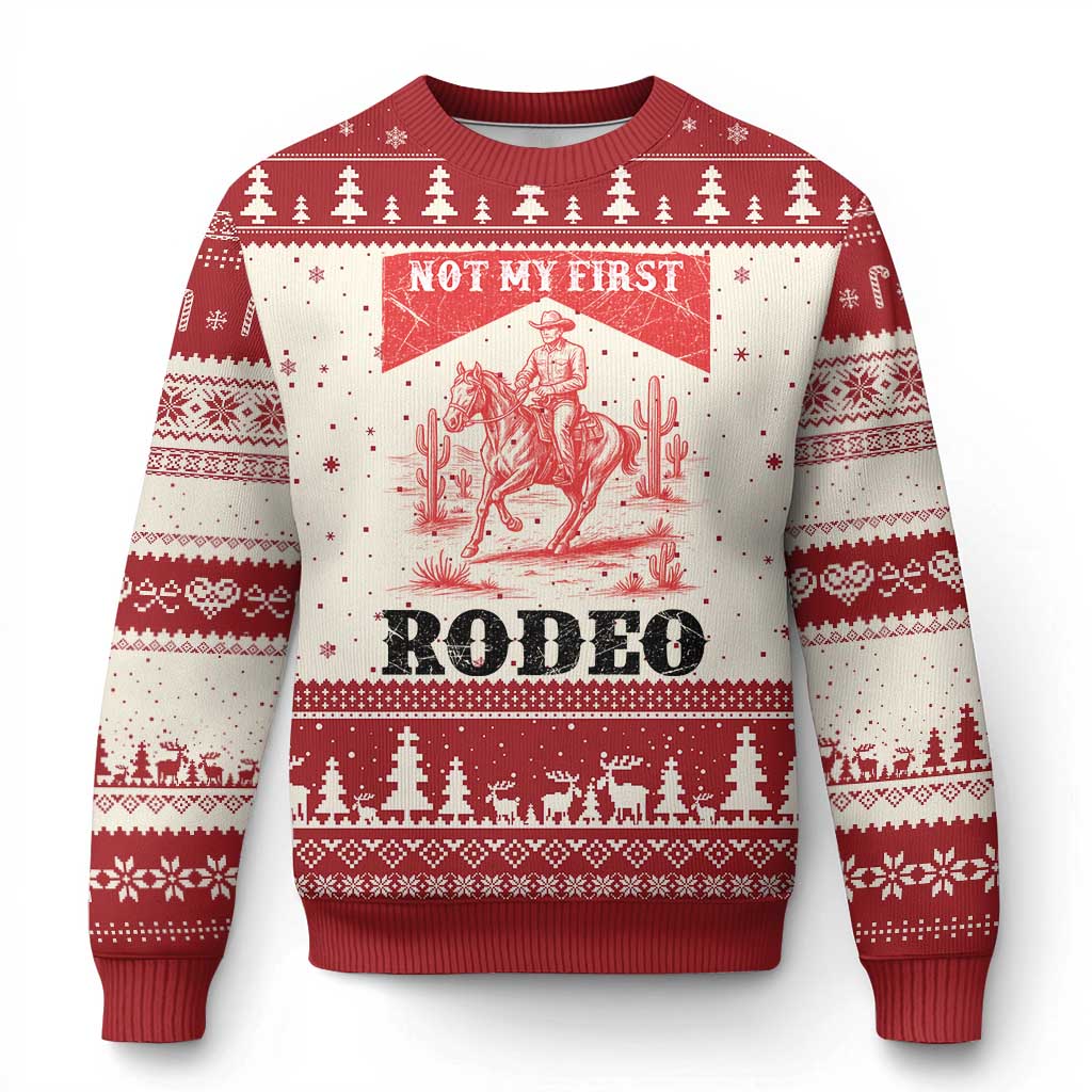 Not My First Rodeo Vintage Cowboy Graphic Ugly Christmas Sweater Retro Western Desert Scene with Horse and Cactus TS02 Beige Red Print Your Wear