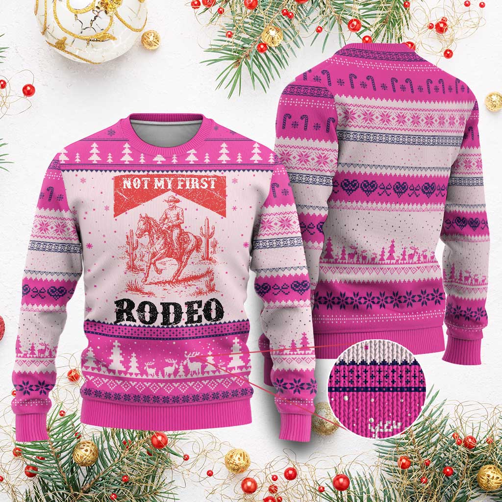 Not My First Rodeo Vintage Cowboy Graphic Ugly Christmas Sweater Retro Western Desert Scene with Horse and Cactus TS02 Hot Pink Print Your Wear