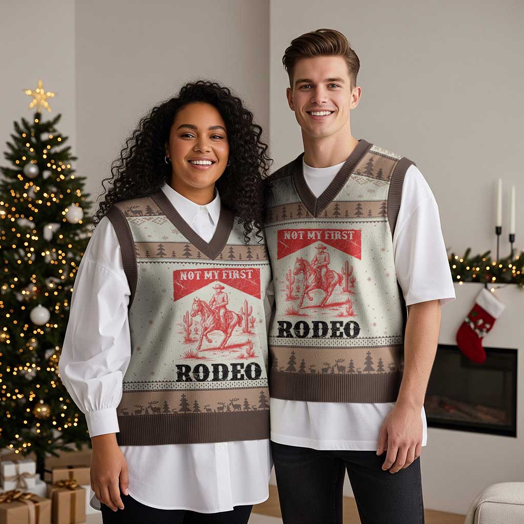 Not My First Rodeo Vintage Cowboy Graphic V-Neck Knit Sweater Vest Retro Western Desert Scene with Horse and Cactus TS02 Mocha Mousse Print Your Wear