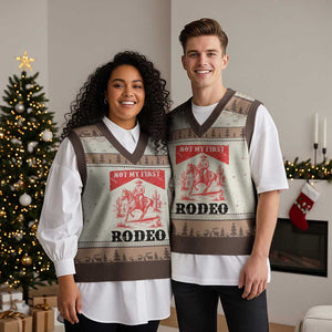 Not My First Rodeo Vintage Cowboy Graphic V-Neck Knit Sweater Vest Retro Western Desert Scene with Horse and Cactus TS02 Mocha Mousse Print Your Wear