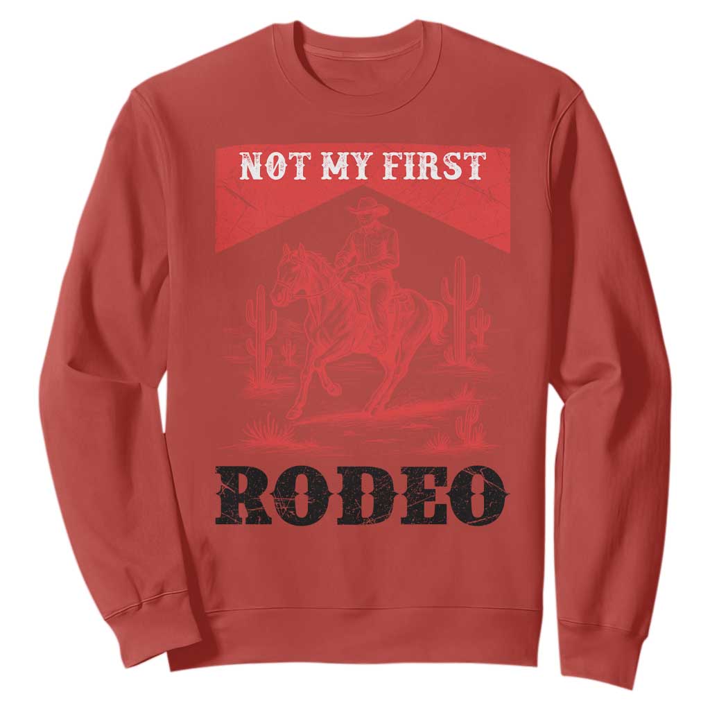 Not My First Rodeo Vintage Cowboy Graphic Sweatshirt Retro Western Desert Scene with Horse and Cactus TS02 Red Print Your Wear