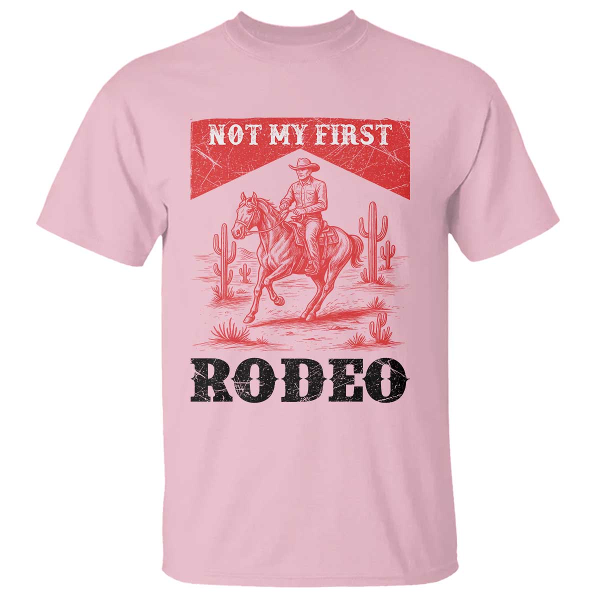 Not My First Rodeo Vintage Cowboy Graphic T Shirt Retro Western Desert Scene with Horse and Cactus TS02 Light Pink Print Your Wear